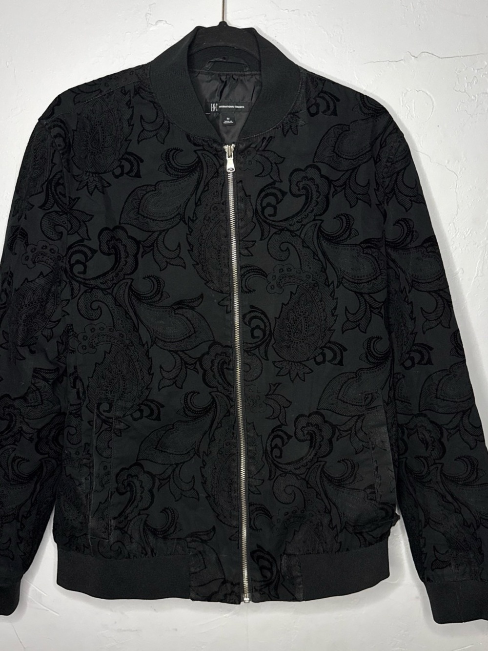 INC International Concepts Black Paisley Jacquard Bomber Jacket